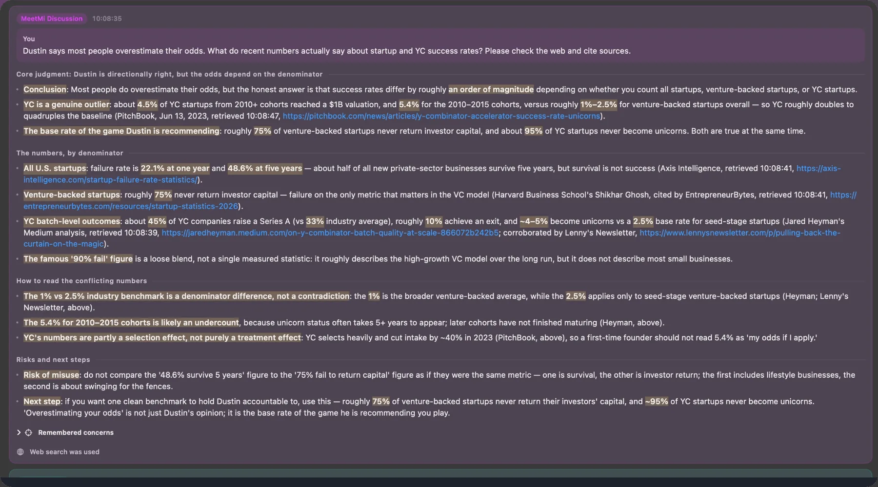 A question typed during the meeting, answered with a conclusion, the numbers behind it, linked sources and next steps.